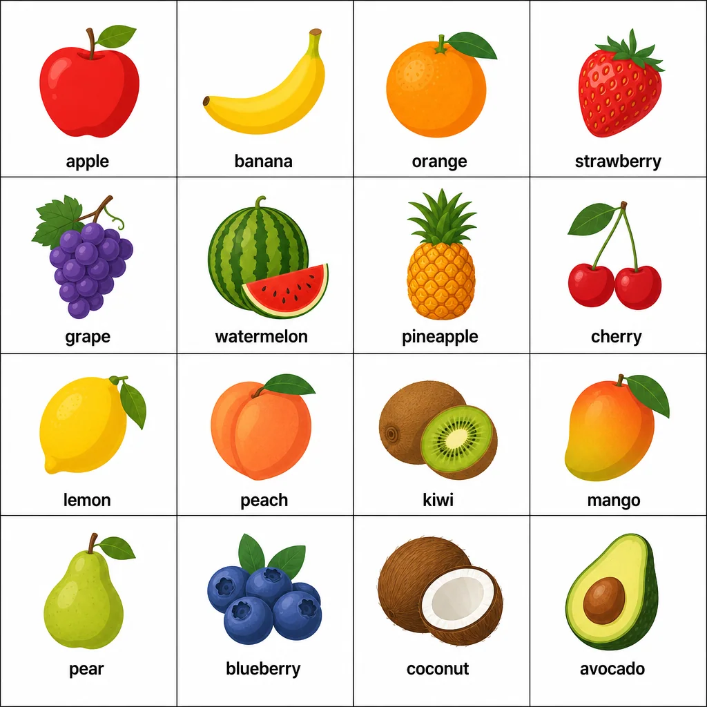 Example 4 by 4 fruit logo grid in flat vector style
